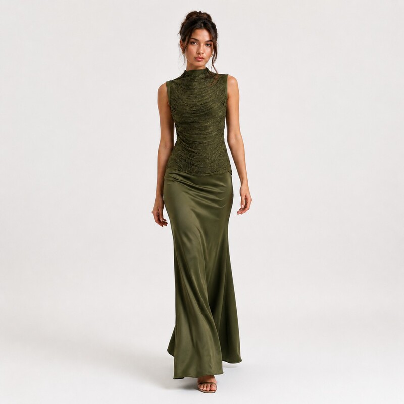 High-End Two-Piece Suit for Women Summer New Sleeveless High-Neck Tassel Splicing Top Satin Skirt Suit High-End Two-Piece Suit for Women Summer New Sleeveless High-Neck Tassel Splicing Top Satin Skirt Suit