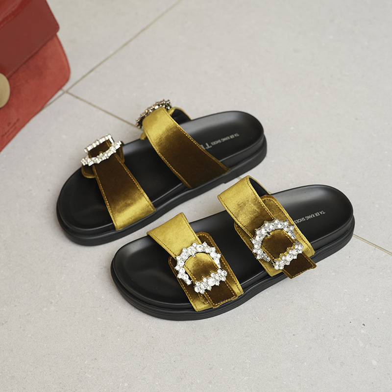 3cm Height Increase~ Rhinestone Double Buckle Velvet Slip-On Sandals for Women 2026 Summer Thick-Soled Versatile Outdoor Beach Sandals