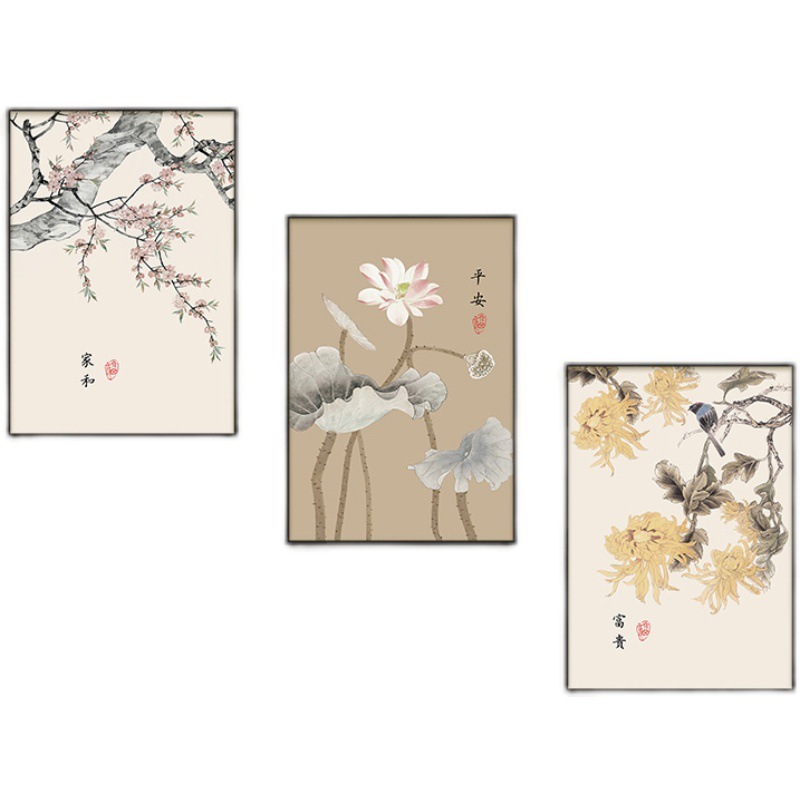 深セン大芬油画村階段階段間装飾画新中国式花鳥ハスの花複式壁画客間|undefined