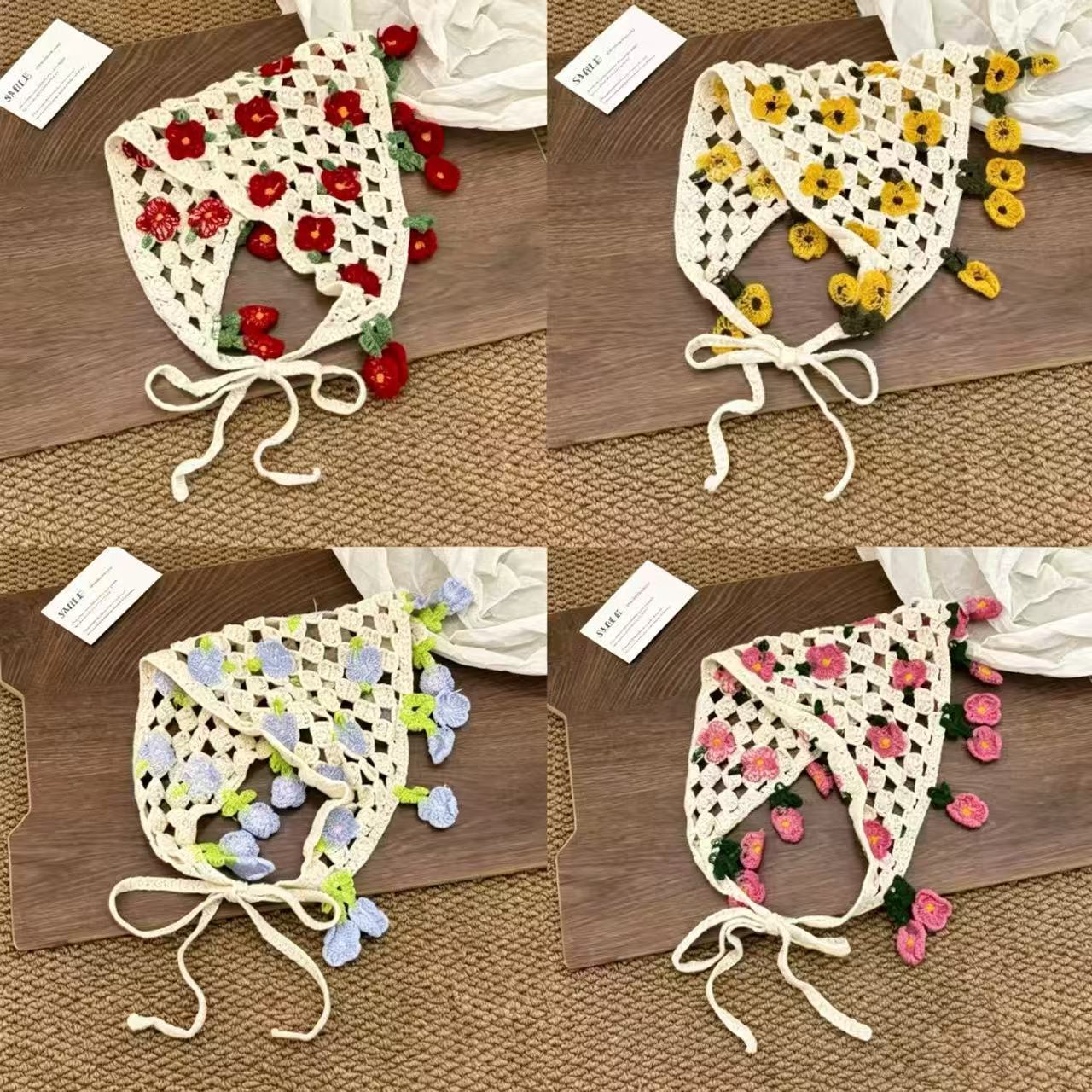 Cross-Border New Product: Floral Hollow-Out Knitted Triangle Scarf for Women, Pastoral Style, Cute and Artistic, Headscarf with Tassels, Accessory