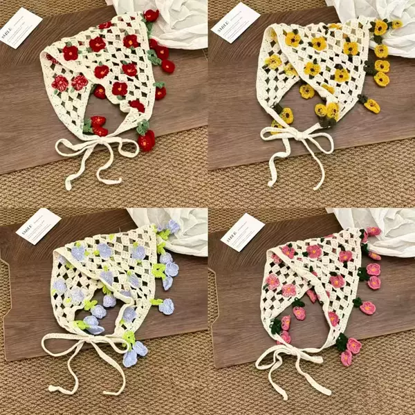 Cross-Border New Product: Floral Hollow-Out Knitted Triangle Scarf for Women, Pastoral Style, Cute and Artistic, Headscarf with Tassels, Accessory