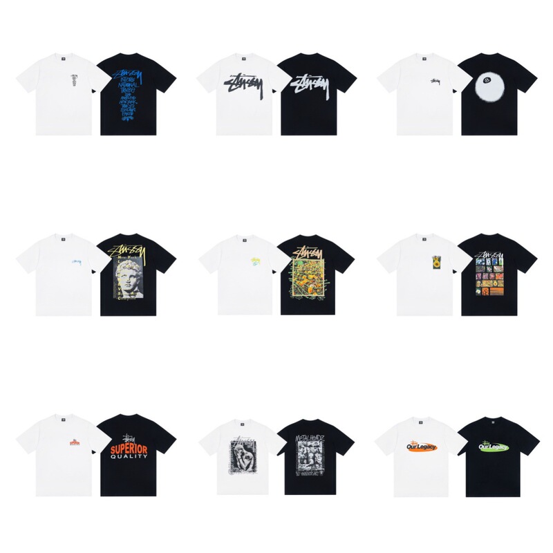 High-quality Stussy in-stock shark pattern logo letter print double-thread pure cotton round-neck short-sleeve T-shirt