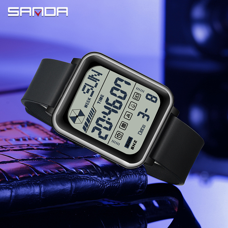 Sanda moda cuadrada personalidad reloj masculino y adolescente impermeable reloj electrónico multifuncional de luz nocturna