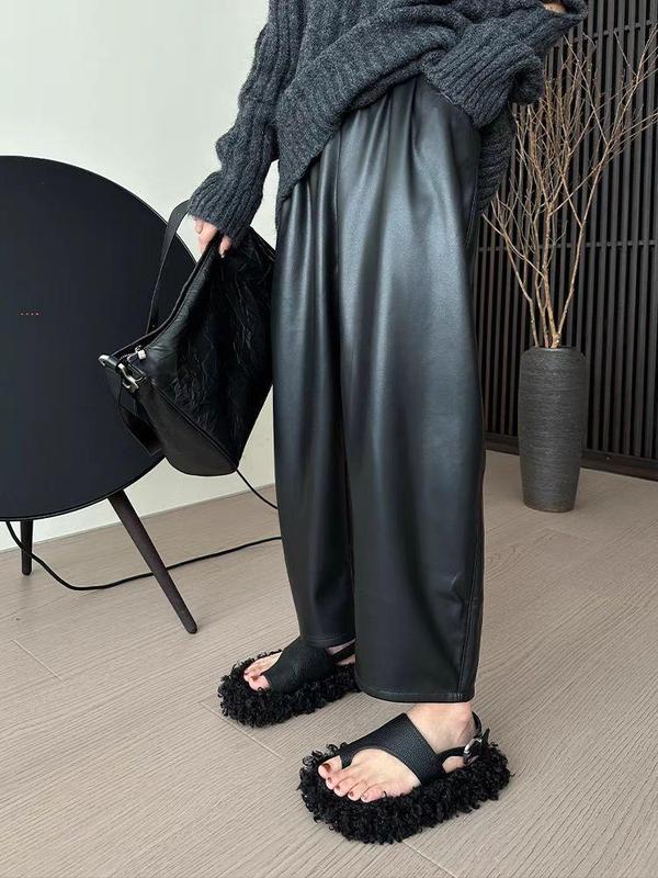 2025新款皮裤女秋季韩版pu皮高腰阔腿裤九分裤百搭时髦哈伦裤女款|undefined