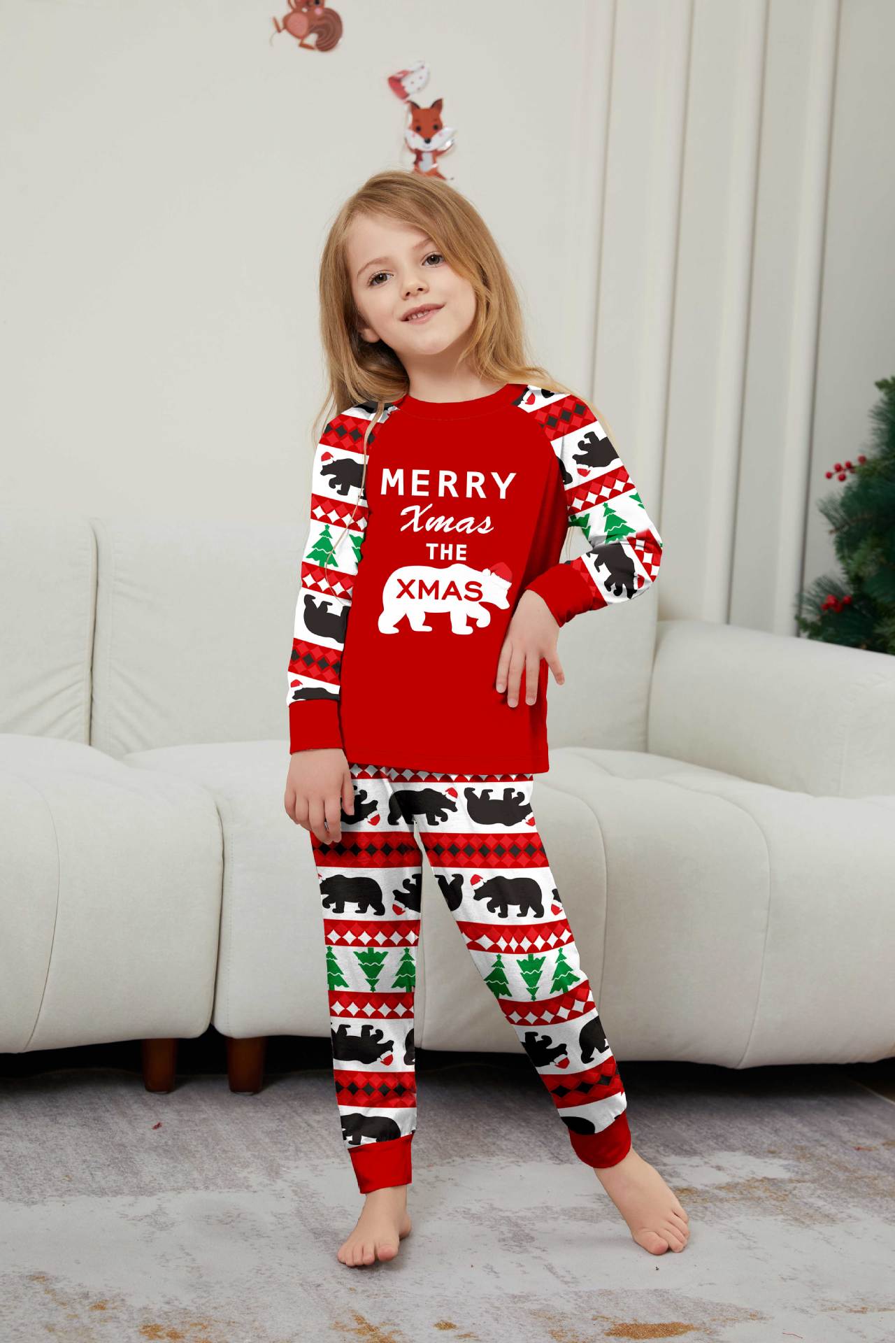 Christmas tree Bear letter stripes Christmas family dress printed home wear_voghion.com