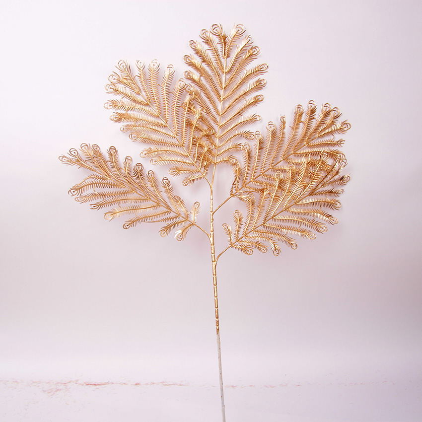 福桶金配件孔雀翎仿真植物批发金塑料凤尾 金冬青 金蒲叶枫叶粟树|ms