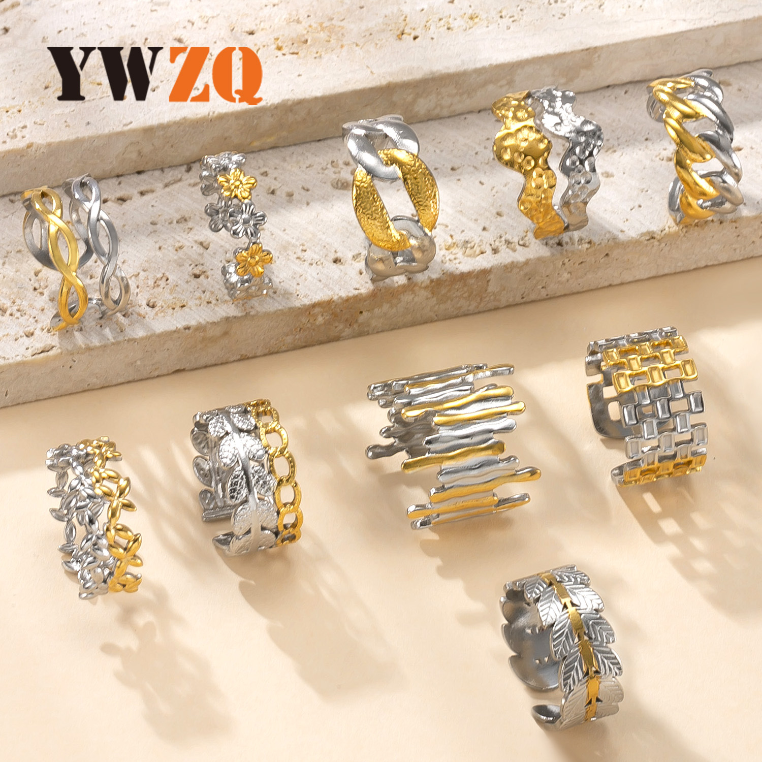 Nuevo estilo transfronterizo joyería de acero de titanio anillo abierto de oro chapado de alta calidad 18k presión de aceite color hojas anillo de acero inoxidable