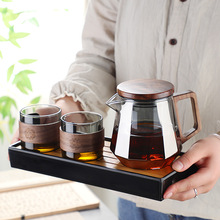 家用耐高温玻璃过滤泡茶壶 胡桃木把高硼硅玻璃茶水分离茶具套装