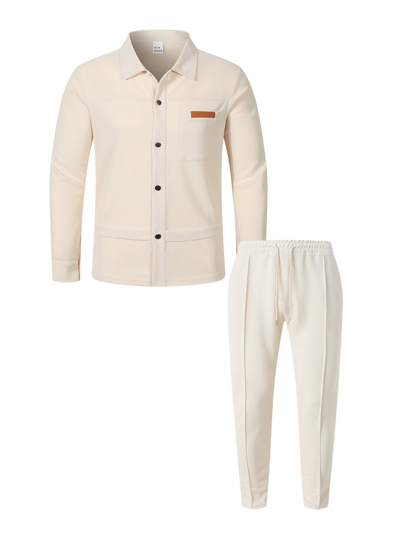 Men's Waffle Texture Lapel Button Casual Set Long Sleeve Top Pants_voghion.com