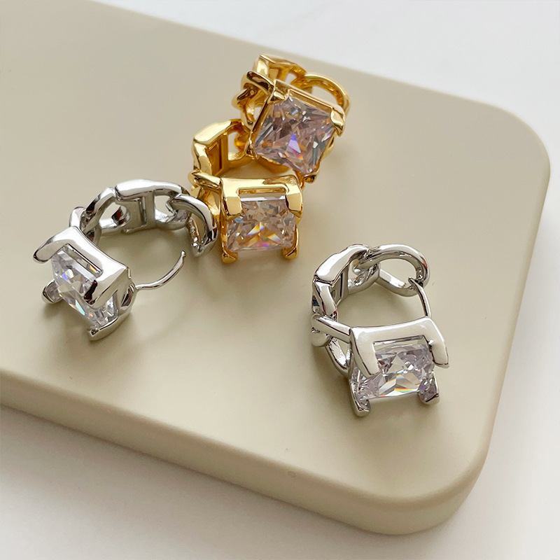 Square zircon chain earrings female niche design personality exaggerated simple temperament earrings