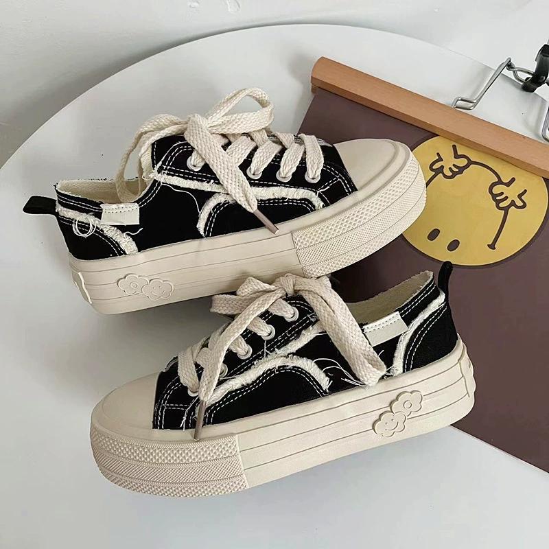 2023 spring and summer canvas shoes for women ulzzang lace-up tassels Korean version all-match casual shoes ins Hong Kong style skateboard shoes