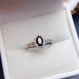 工厂批发爆款天然黑尖晶戒指S925银镶嵌主石4*6热销欧美一件代发