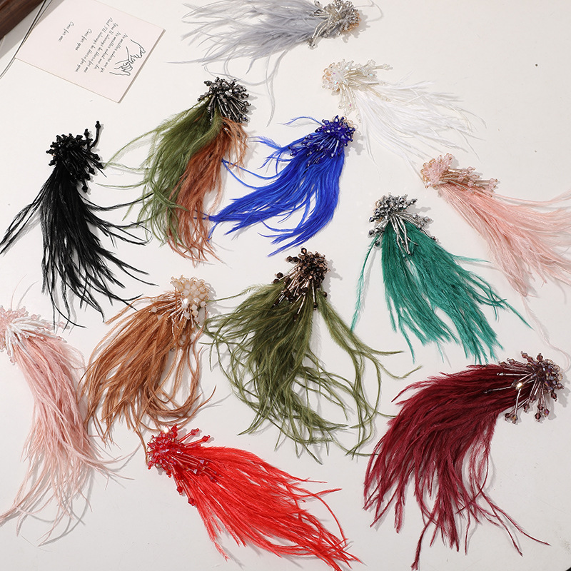 韩国仙女气质鸵鸟毛拼接水晶流苏花diy手工头饰发饰耳饰材料批发