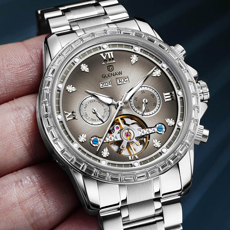 Đồng hồ nam automatic lộ máy dây thép — Xám mặt bạc vỏ bạc dải thép, Dải thép Intergold, Dải thép đen vỏ bạc, Hồng Shell Green Side thép dải