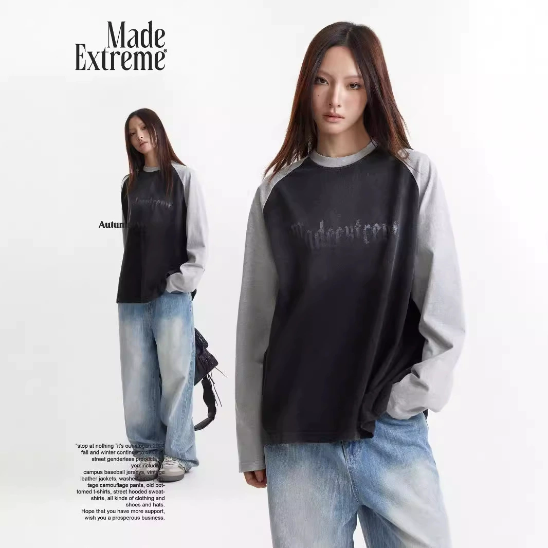 MADEEXTREME 280g Винтажная вымыта буквами с круглым вырезом и свободным плечевым рукавом футболка с длинными рукавами