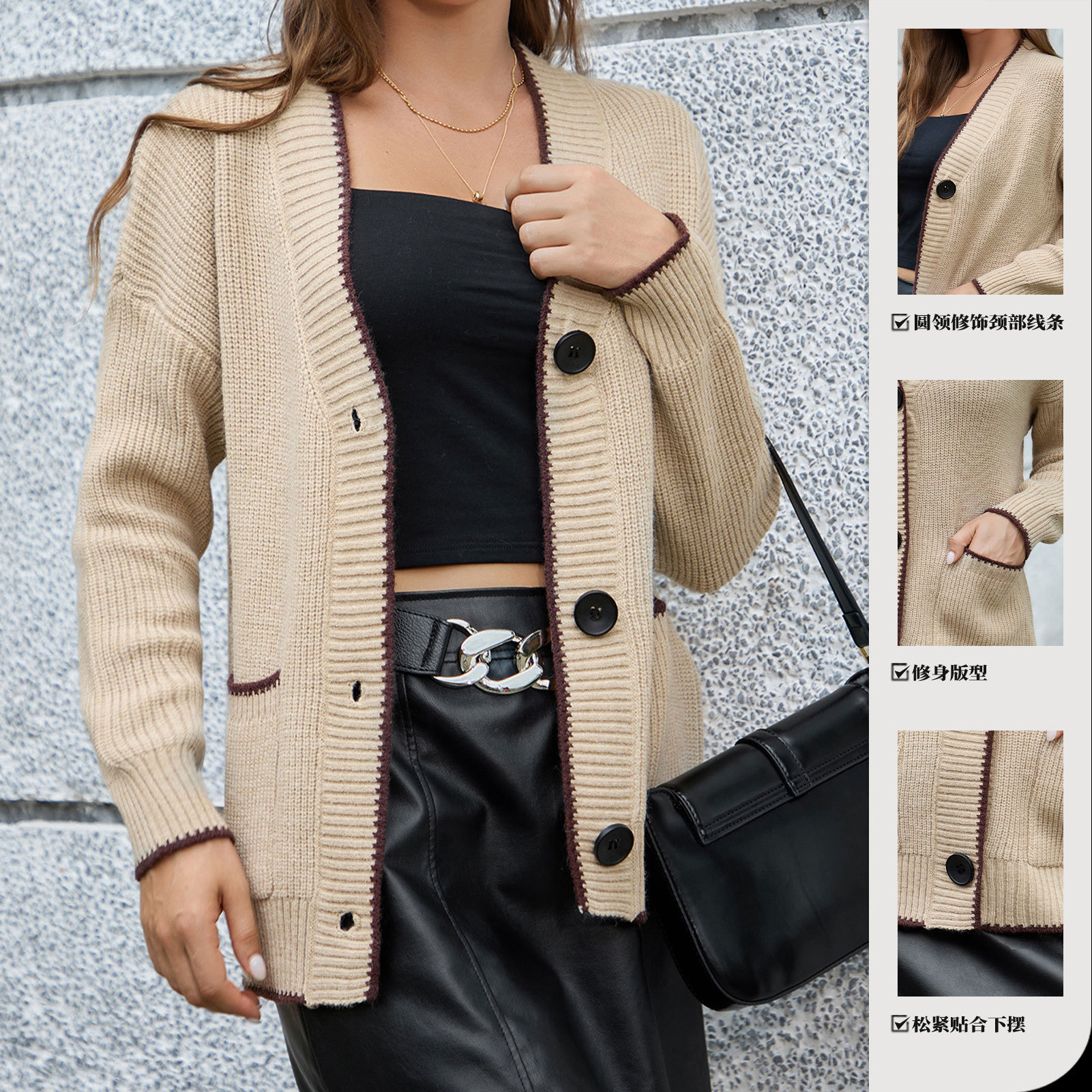 Spring and Autumn Casual Versatile Cardigan with Pockets Cross-border Foreign Trade Women's Temperament V-neck Covered Single-breasted Knitted Jacket