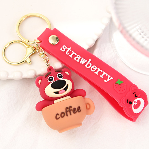 Creative Berry Has Trouble Keychain Cute Cartoon Pendant Small Gift Customized Silicone Strawberry Bear Keychain Wholesale