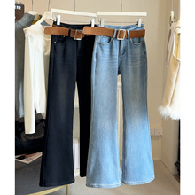 2025冬季加绒加厚高腰微喇牛仔裤女水洗棉喇叭裤浅蓝色阔腿裤长裤