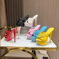 8661-A12  外貿新款歐美時尚夜店恨天高透明細跟15CM編織拖鞋