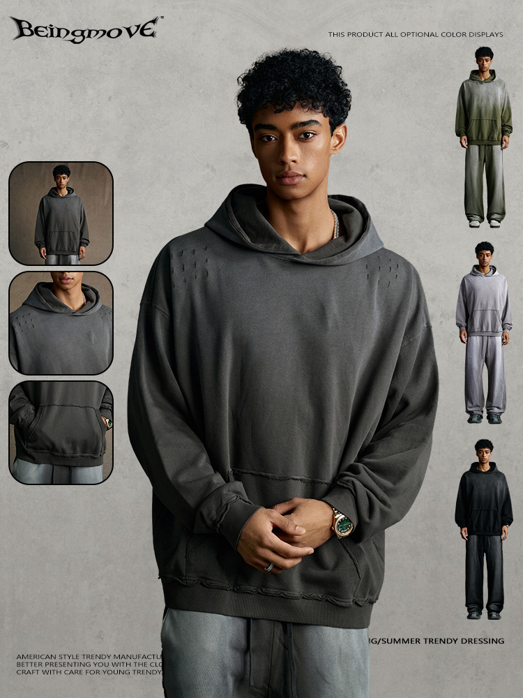 Calle secada| 2025 otoño estilo americano de moda alta calle in agujero agujero gradiente pulverización de caballo con chaqueta encapuchada hombre comercio exterior