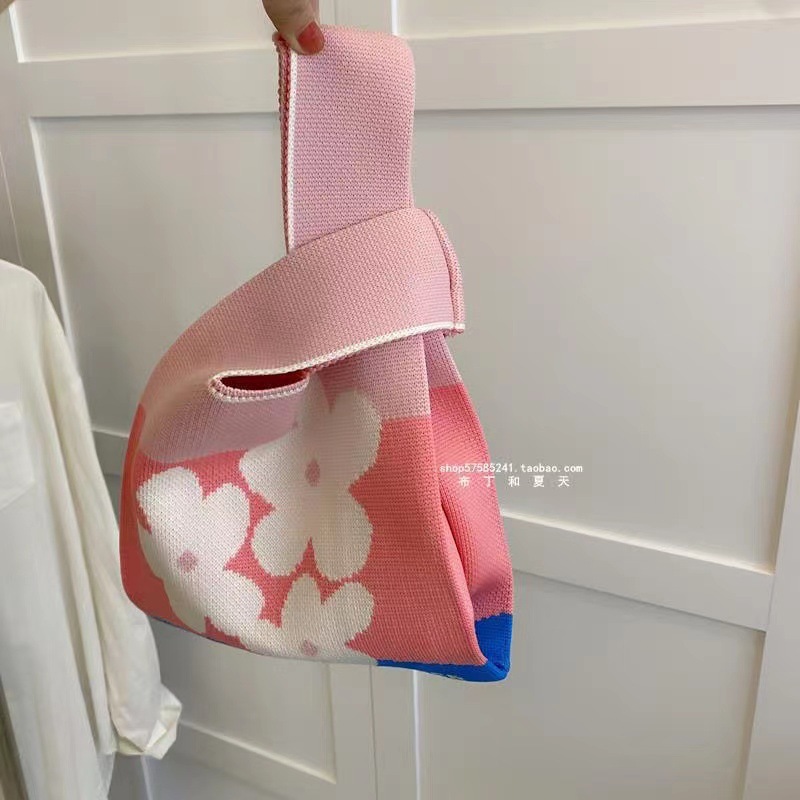 INS bolso de celebridad de Internet bolso de cubo de lana de punto para mujer bolso de mano casual bolso de mano de estilo japonés y coreano bolsa de Almuerzo