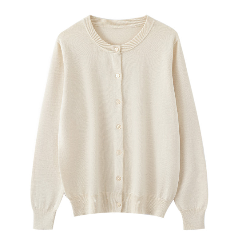 Cross-border cotton women's spring and autumn knitted cardigan, thin round-neck versatile sweater coat, solid color simple knitwear Cross-border cotton women's spring and autumn knitted cardigan, thin round-neck versatile sweater coat, solid color simple knitwear