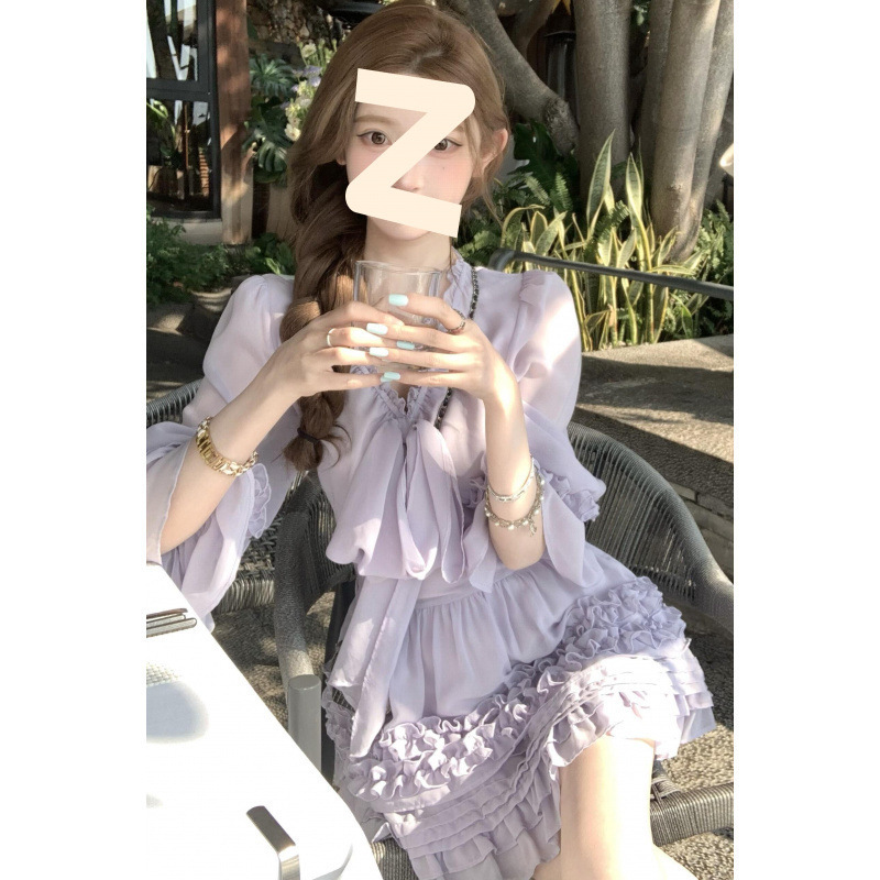 韓国シックなファッションスーツリボンシャツトップ女性のための春と夏の新しいハイウエストスカートショートスカート 2 点セット|undefined