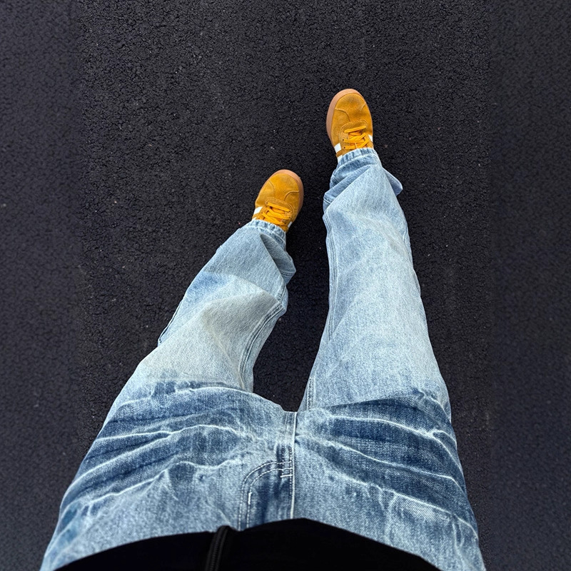 Light Blue American Lightning Pattern Jeans Men's Autum Slimming Look Pants Washed Straight Micro-Flared Scimitar Pants