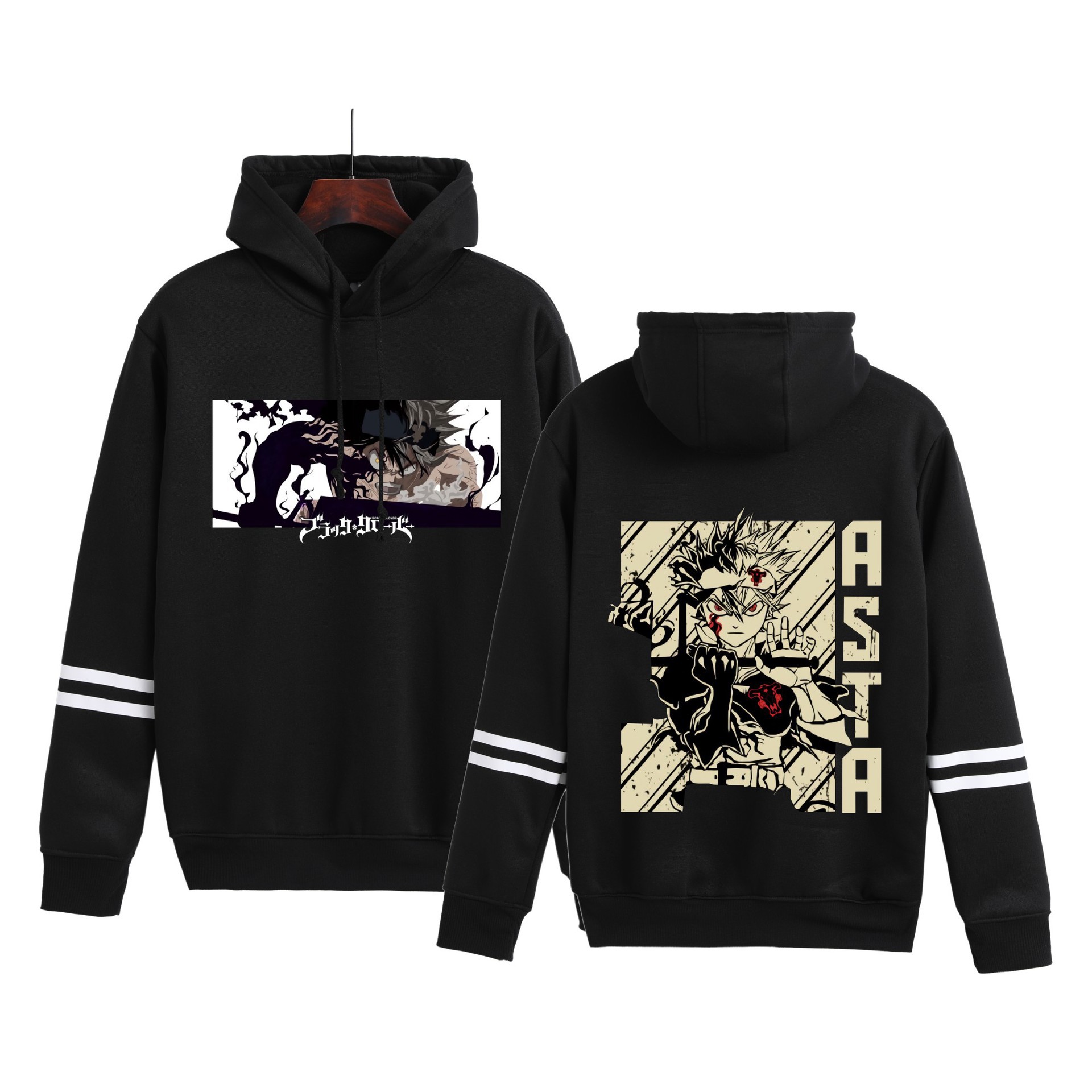 Amazon hombres y mujeres anime trébol negro Black Clover estampado con capucha pareja suéter de barras paralelas