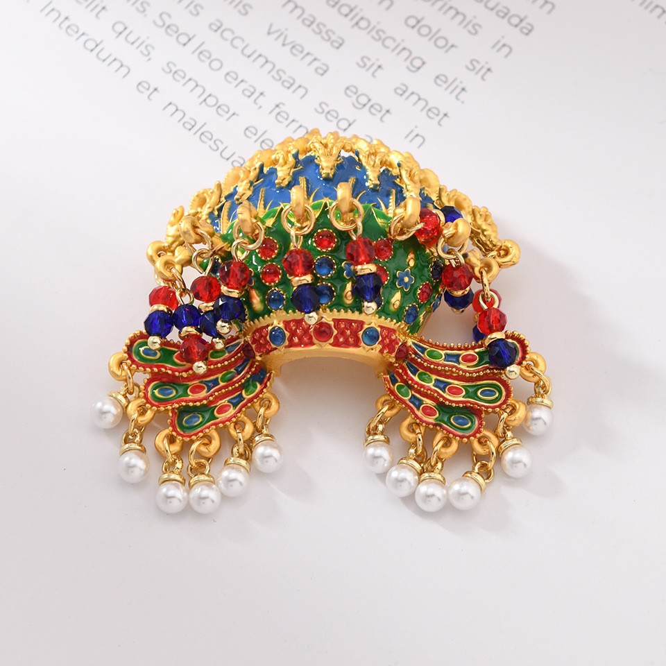 In-Stock Factory Direct Supply Phoenix Crown Brooch, Cloisonné Enamel Pearl Tassel Ancient Style Hanfu Hair Accessory Wholesale