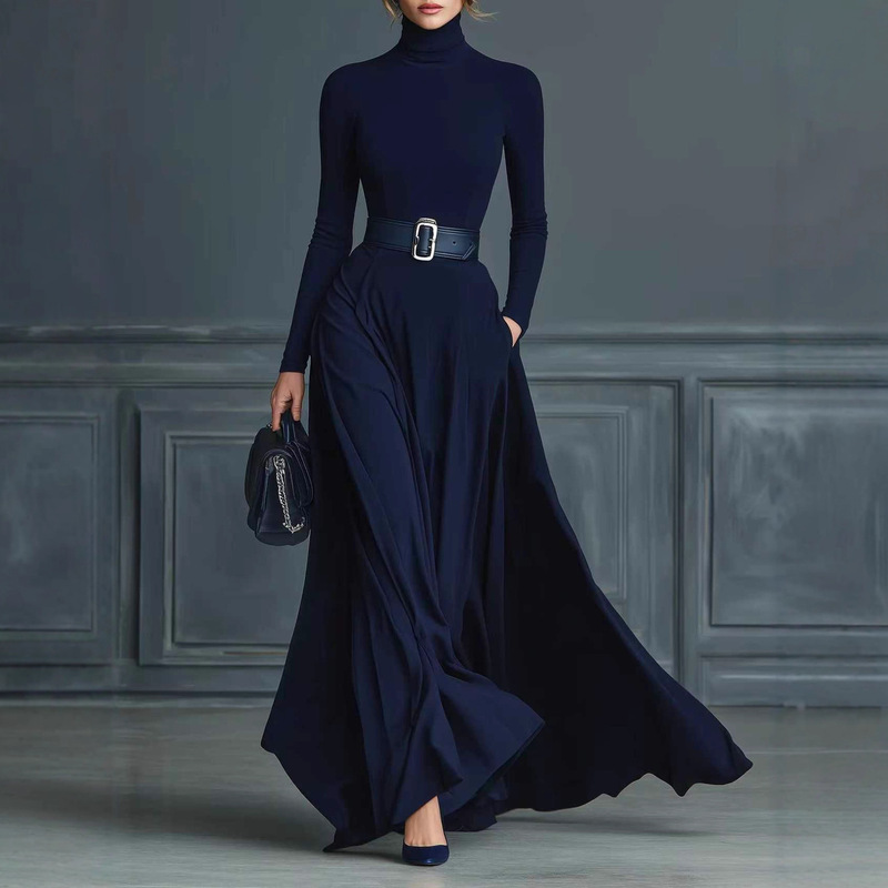 Amazon European and American Style Solid Color Long-Sleeve Waist-Cinching High-Neck Flared Dress Long Skirt Feminine Socialite Style Foreign Trade Supply