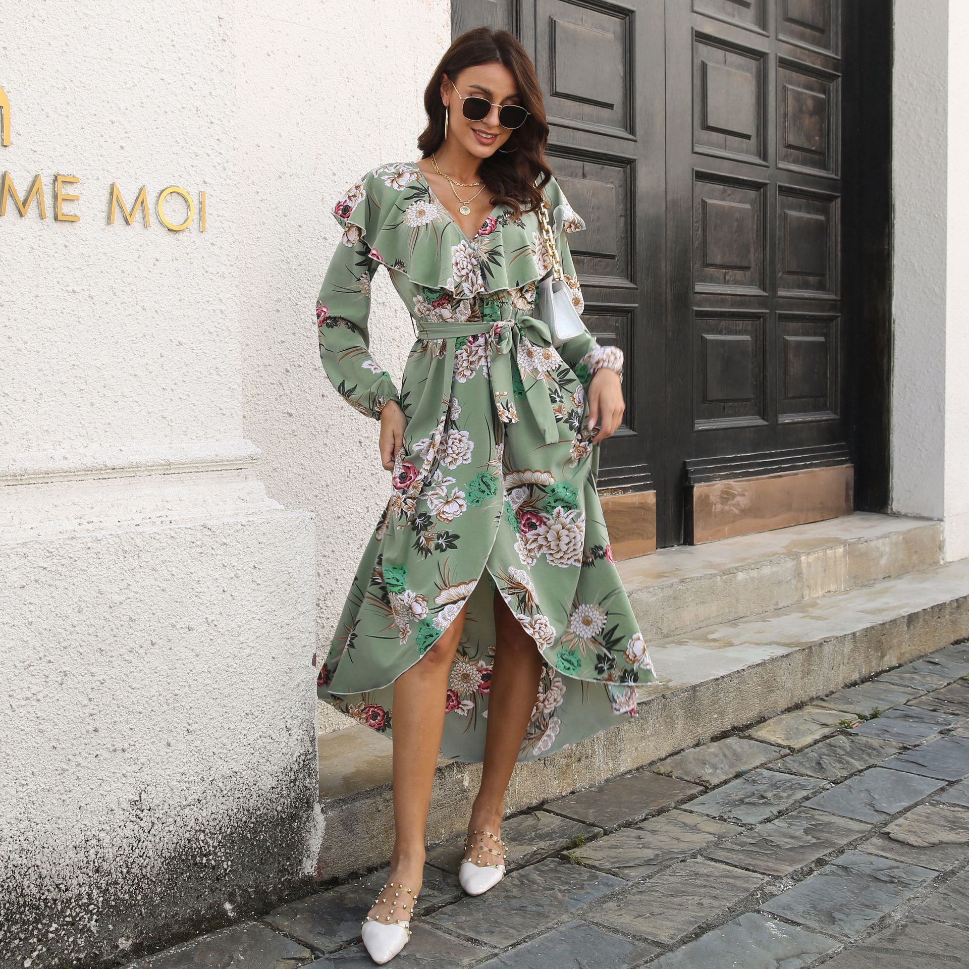Ruffled Collar Lantern Sleeve Long Sleeve Dress Floral Wrap Split Expansion Maxi Dress Women Women Clothing 11 Ruffled Collar Lantern Sleeve Long Sleeve Dress Floral Wrap Split Expansion Maxi Dress Women Women Clothing