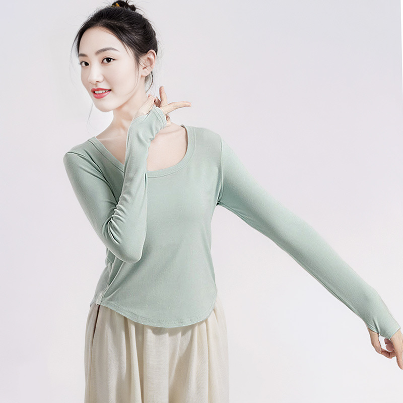Modern Dance Tops for Women, New Classical Dance Clothing, Adult Long-Sleeved T-Shirts, U-Neck Slim-Fitting Practice Clothes, Body Training Clothes