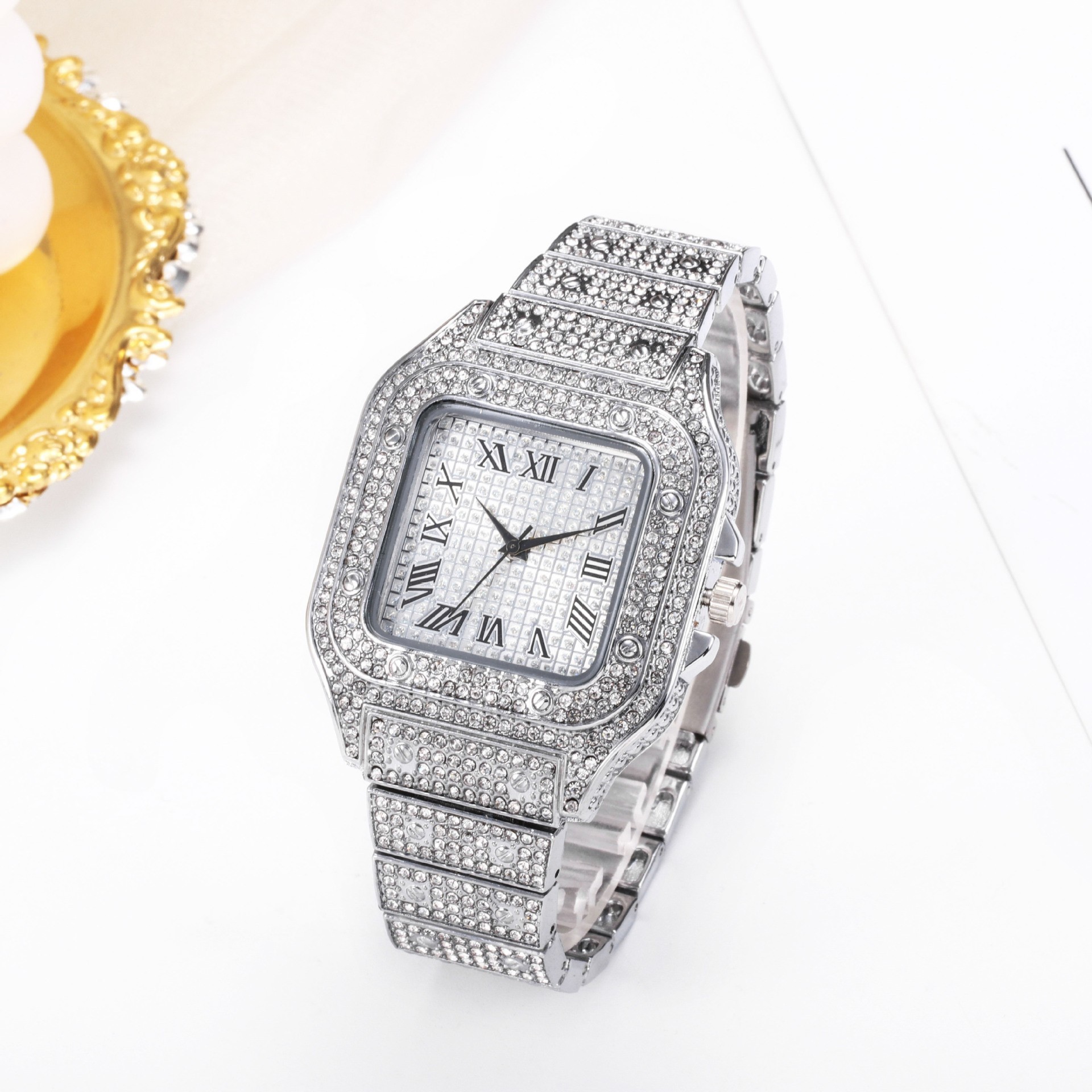 Foreign Trade Roman Square Hot-Selling European and American Gypsophila Fashion Men's and Women's Versatile Steel Belt Rhinestone Quartz Watch Manufacturer Wholesale