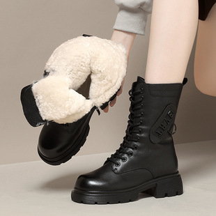 New Warm Fleece-Lined Ultra-Thick Snow Boots for Women, Wool Cotton Boots with British Style, Thick-Soled Round-Toe High-Top Martin Boots