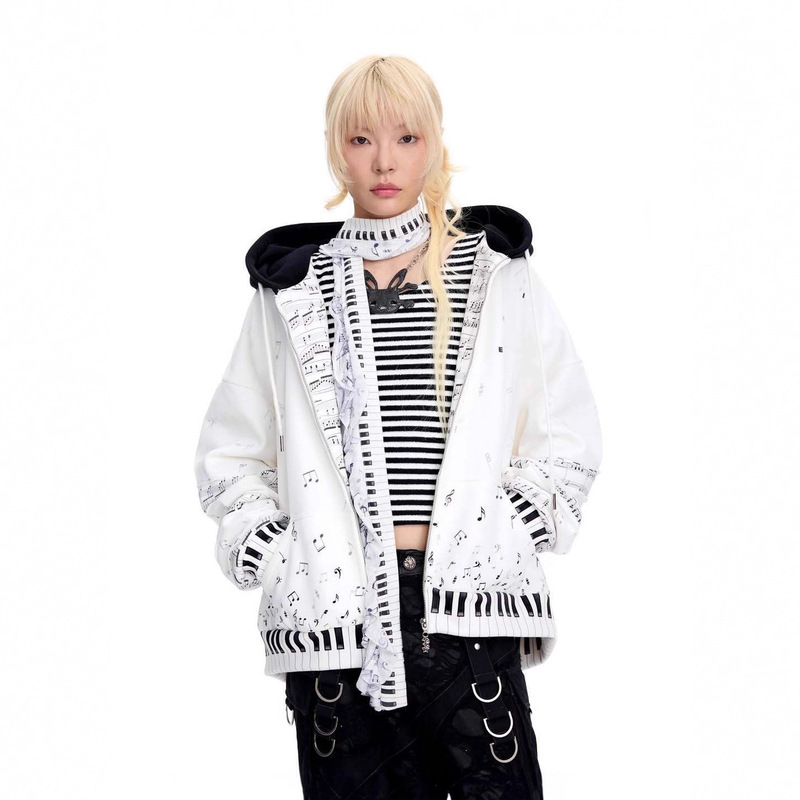 Y2K New Note Print Color Matching Hoodie Autumn and Winter Zipper Cardigan Stylish Niche Design Sweatshirt Wholesale