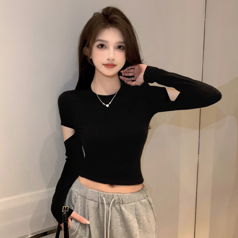 螺纹黑色半高领打底衫女春秋内搭针织短款长袖t恤破洞紧身上衣潮|undefined