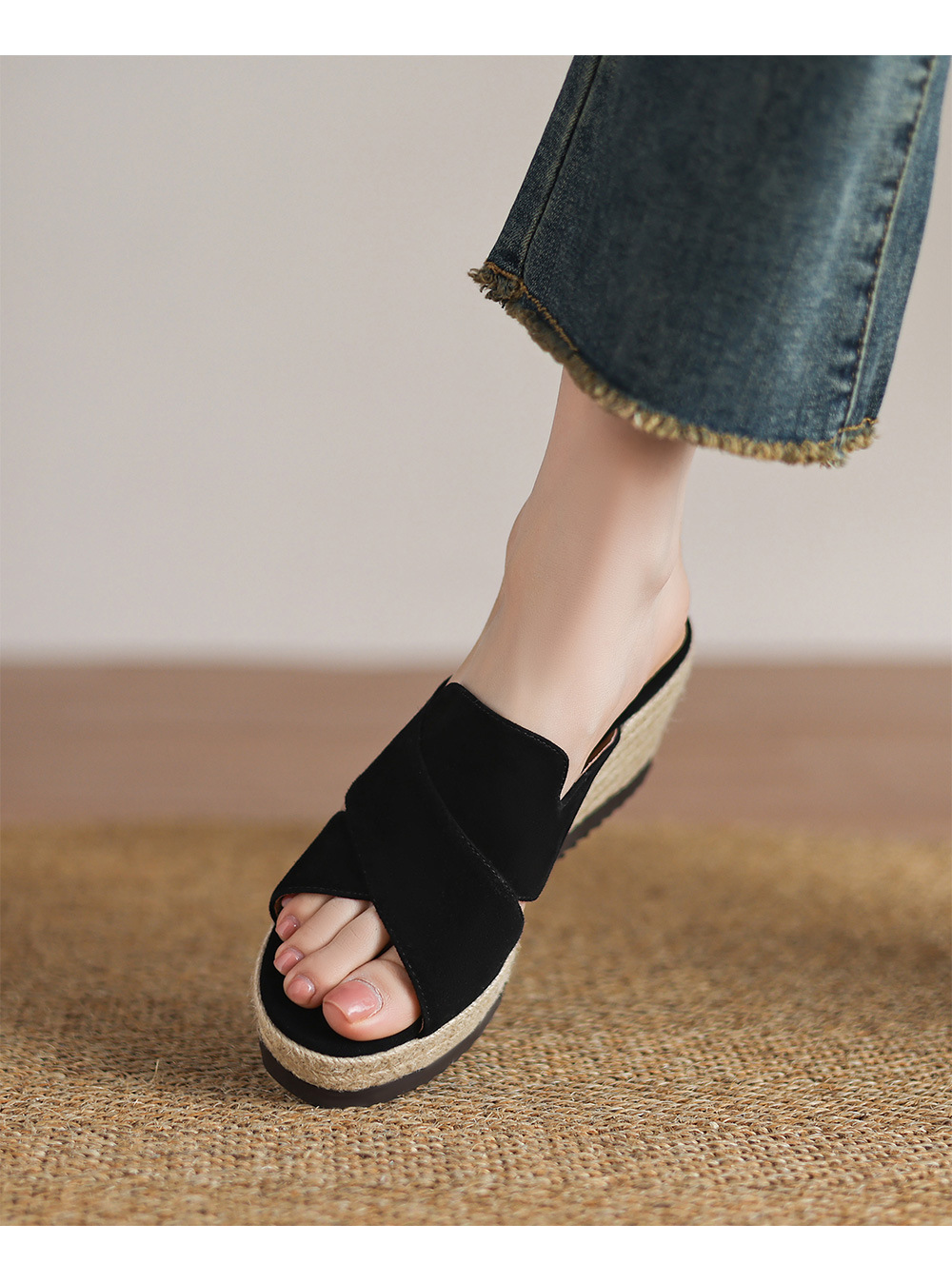 Dép sandal nữ quai ngang đế xuồng đan cói gót 7 cm — Màu đen chi tiết 11