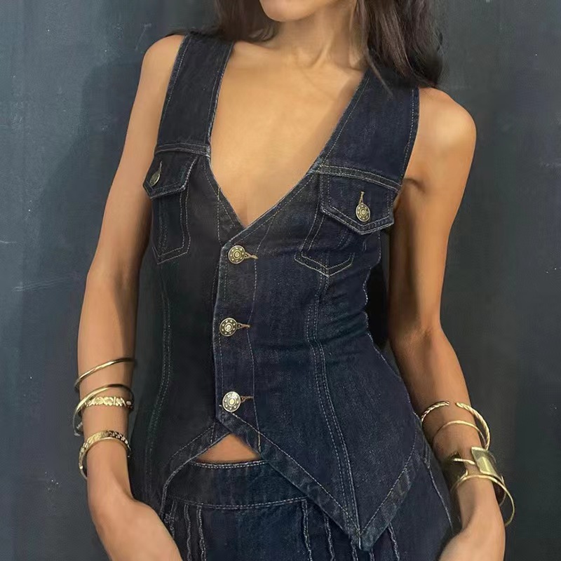 Ropa de mujer europea y americana Amazon Comercio exterior transfronterizo exclusivo para Calle Hipster ropa de trabajo de un solo pecho cintura lavada Chaleco de mezclilla