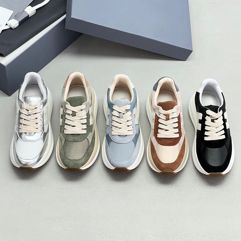Made in Guangdong! Huo's new genuine leather color-blocked casual sports shoes, breathable running shoes, thick-soled height-increasing dad shoes