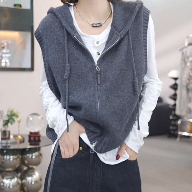 2025 Autumn and Winter New Style Drawstring Layered Casual Sweater Vest Elegant Versatile Hooded Knitted Vest Cardigan for Women