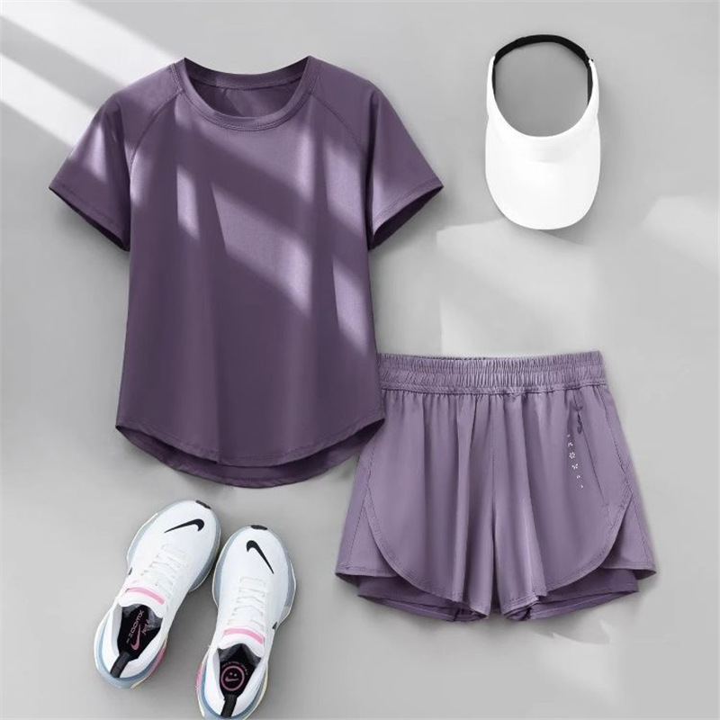 专业跑步女运动套装2025夏季新款宽松瑜伽服速干衣短袖吸汗健身服|undefined