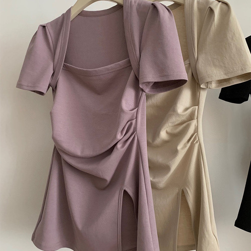 French Pure Desire Style Split Collar Short Sleeve T-shirt for Women 2025 Summer Design Focused Uncommon Chic Mini Top