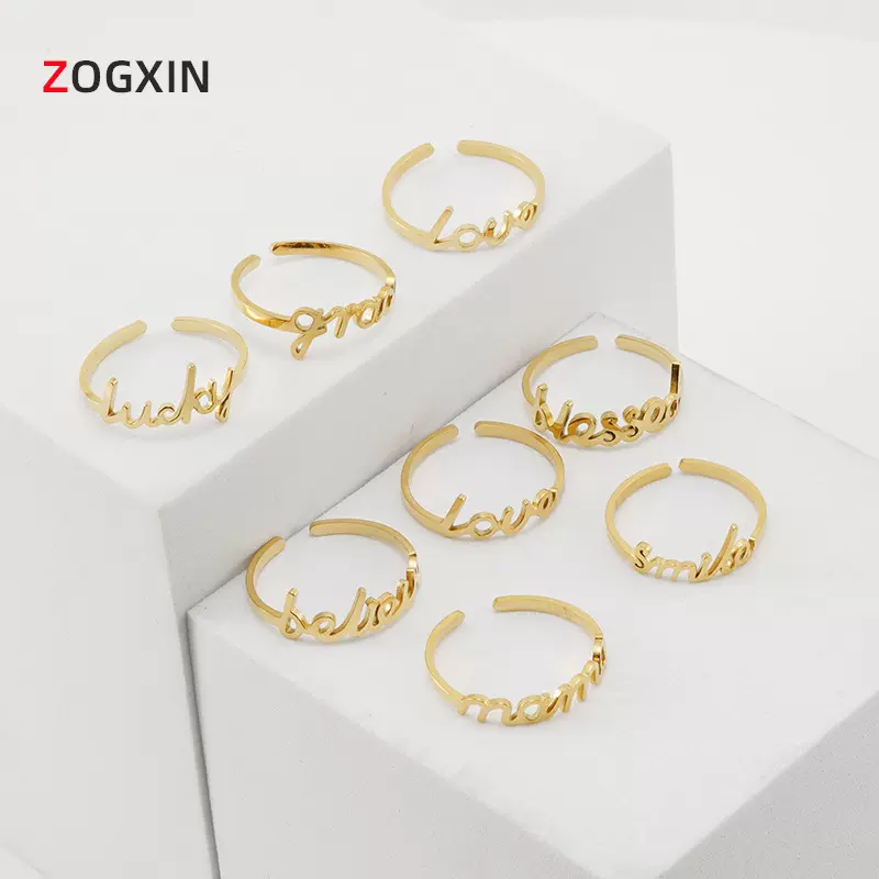 跨境货源钛钢18K金色戒指女欧美不锈钢活口可调节英文字母指环男