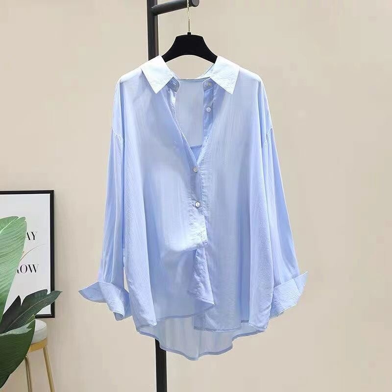 Women's Korean-Style Loose Casual Thin Long-Sleeve White Tencel Cotton Shirt for Outerwear, Modern Dance Shirt