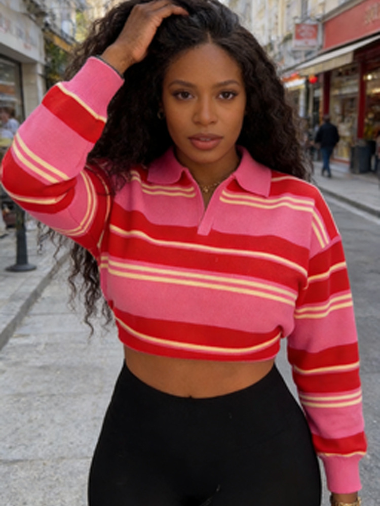 Casual con solapa contrastante suéter a rayas 2025 Europa y Estados Unidos nuevos productos transfronterizos sueltos de cuello en V, camiseta de manga larga