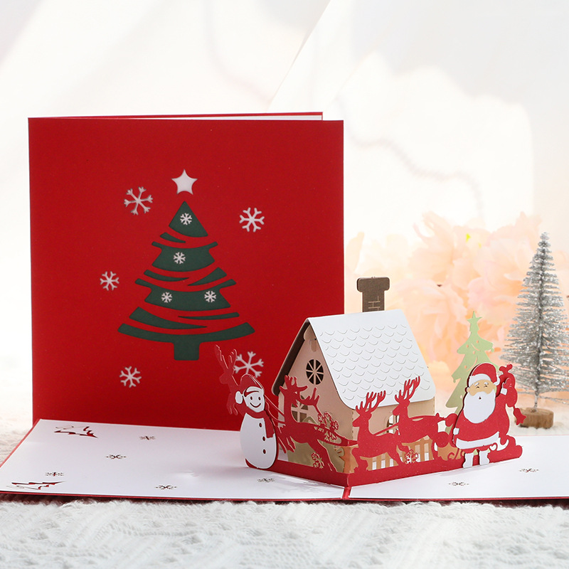 Christmas Light Three-dimensional Greeting Card Christmas Cabin Exquisite Paper Carving Creative Blessing Message Card
