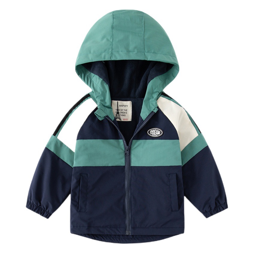 2026 New Autumn Clothing for Boys, Thickened Jacket, Windproof Hooded Top for Babies, Korean Style Color-Blocking Top, Wholesale for Children