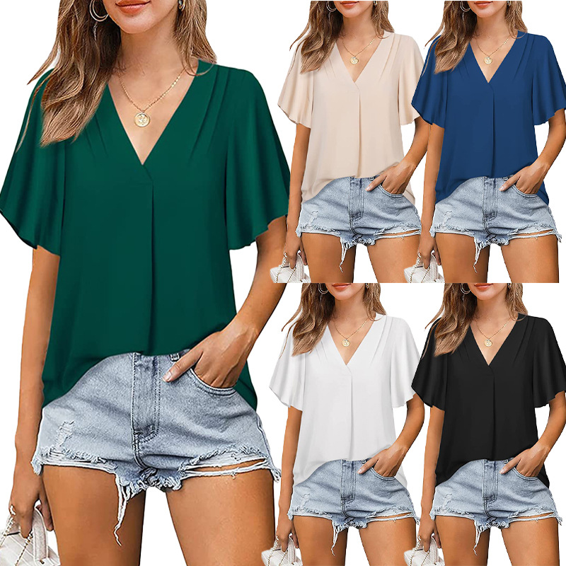 Women's Chiffon Shirt Short Sleeve Blouses Patchwork Fashion Solid Color display picture 1