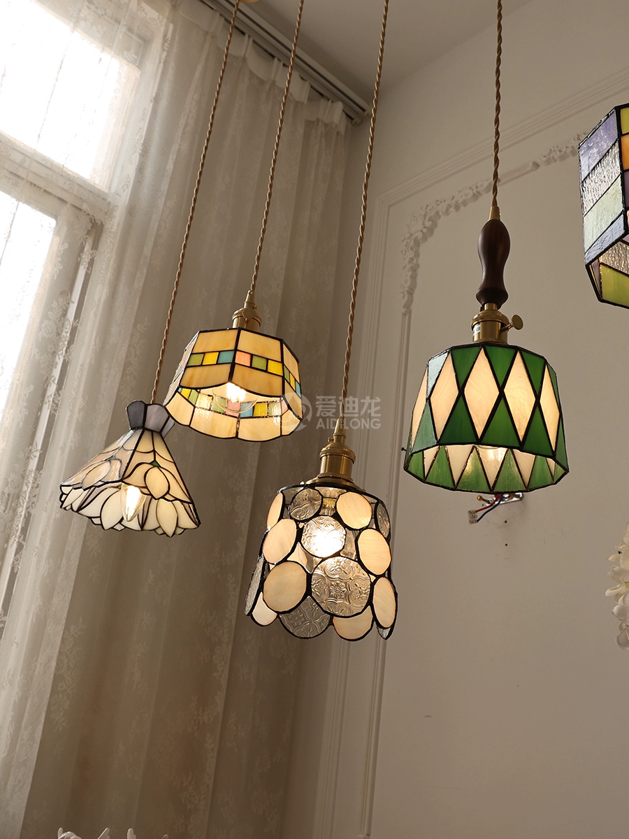 Japanese retro brass green glass ceiling lamp for living room, lights for bed